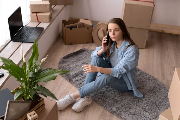 Young Woman Talking Phone Sitting New Apartment Moving Student Sitting — 图库照片