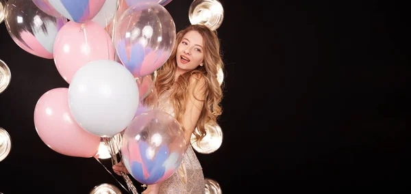 Attractive Young Woman Dress Balloons Black Background Looking Camera Emotions — стоковое фото