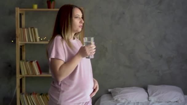 Mujer embarazada joven bebiendo agua, estilo de vida saludable y embarazo, agua mineral pura — Vídeos de Stock