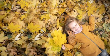 Küçük kız sonbahar parkında yürüyor, sarı yaprakların üzerinde yatıyor, gülüyor. Aktif sağlıklı yaşam tarzı. Açık hava eğlence konsepti. afiş, metin için boşluk