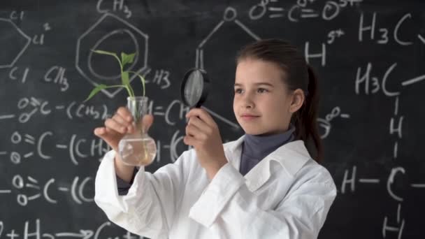 Fille Étudiante Manteau Blanc Une Leçon Biologie Sur Fond Tableau — Video