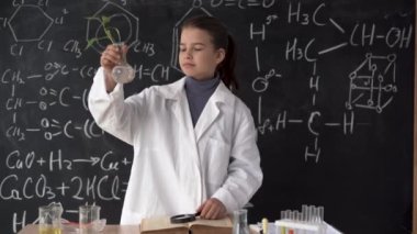 Beyaz önlüklü liseli kız öğrenci formüllü karatahtanın arka planına karşı bir biyoloji dersi. İçinde biber bitkisi olan bir tüp tutuyor, laboratuvarda bitki üzerinde çalışıyor.