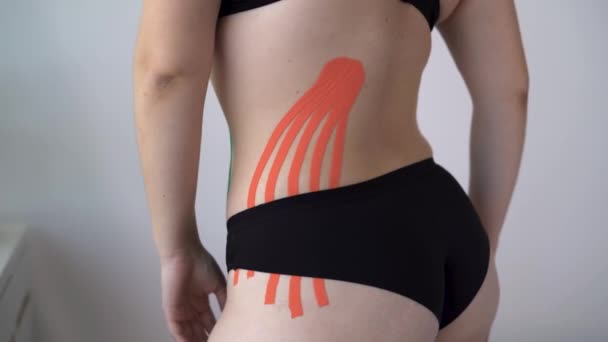 Kinesiology Taping Kinesiology Tape Patient Belly Cellulite Procedure Slim Tummy — Stock Video