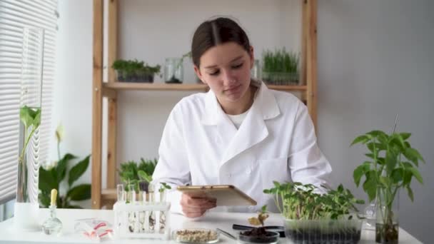 年轻的女微生物学家正在使用数字平板电脑 在食品科学实验室从事植物性肉类替代品研究的医学科学家 在实验室里种植植物 — 图库视频影像
