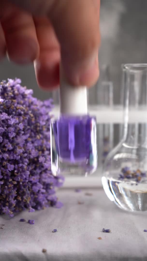Glass Bottle Lavender Essential Oil Fresh Lavender Flowers Dried Seeds — 图库视频影像