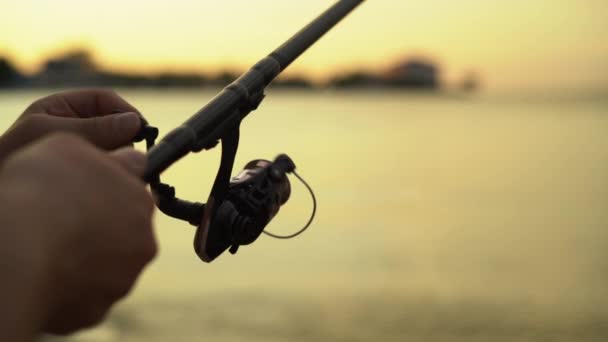 Close Shot Spinning Reel Hands Young Fisherman Angling River Fisherman — Stock Video