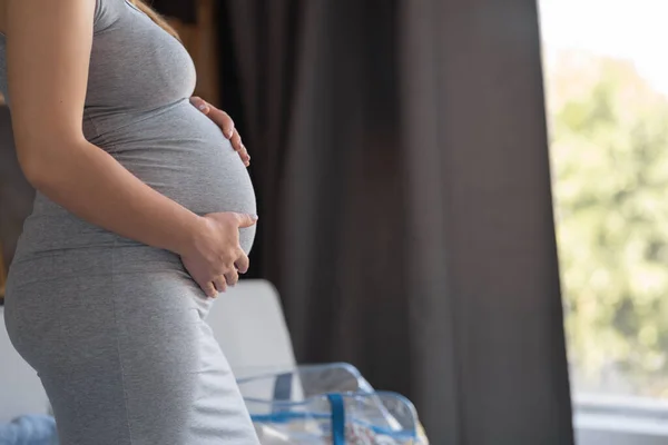 Close Young Pregnant Woman Big Tummy Expecting Mom Standing Indoors — Fotografia de Stock