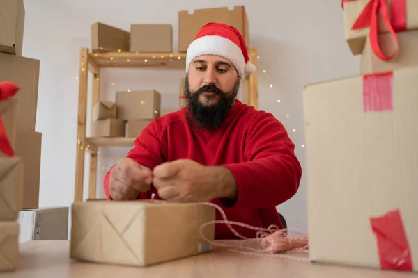 Young Entrepreneur Sme Santa Claus Receive Order Client Working Packaging — Stok fotoğraf