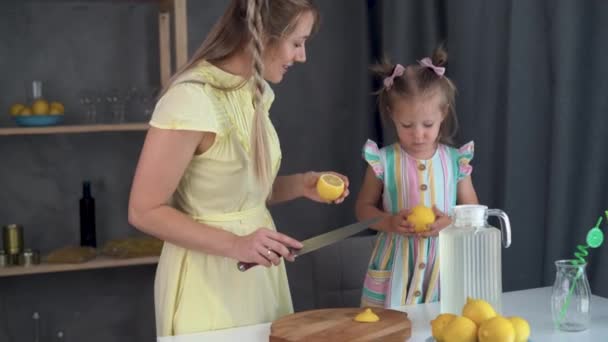 Милая Девушка Молодая Мама Готовят Кухне Свежеприготовленный Лимонад — стоковое видео