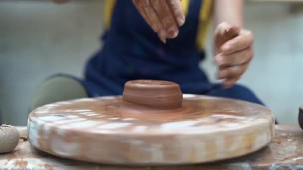 Women Working Potters Wheel Hands Sculpts Cup Clay Pot Workshop — Stock video