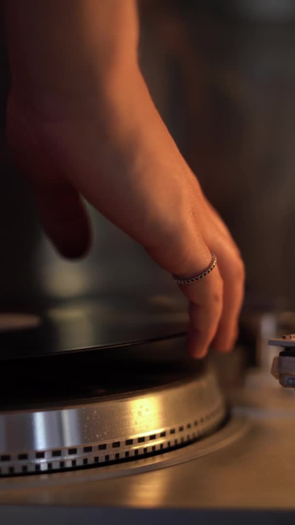 Close Male Hands Put Vinyl Record Player Turn Music Vertical — 图库视频影像
