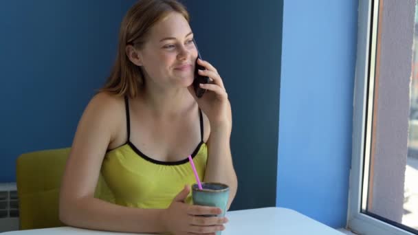 Happy Smiling Young Woman Using Phone Cafe Having Mobile Call — Vídeo de stock