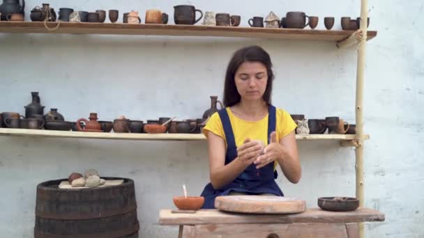 Woman Hands Making Clay Cup Potter Wheel Master Class Modeling — Stok video
