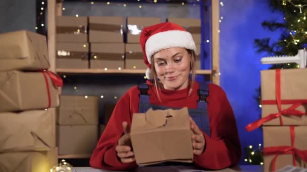 Frustrated Small Business Worker Dressed Santa Claus Holding Crumpled Broken — Vídeo de Stock