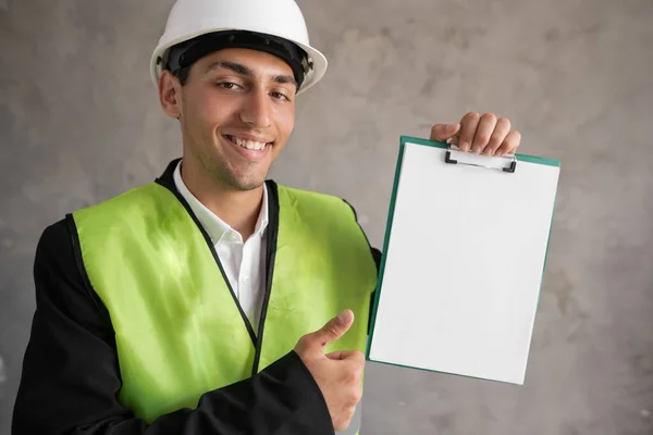Engineer Hard Hat Blank Clip Board His Hands Place Your — Stockfoto