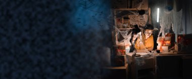 Startup small business entrepreneur or freelance caucasian woman in witch costume, online marketing packaging box and delivery. Sale goods for Halloween, discounts and promotions. Banner. copy space.