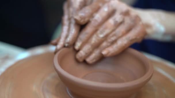 Close Womans Potters Hands Creating Bowl Footed Old Circle Form — Video