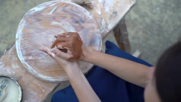 Top View Female Potter Prepares Piece Clay Work Kneads His — 图库视频影像