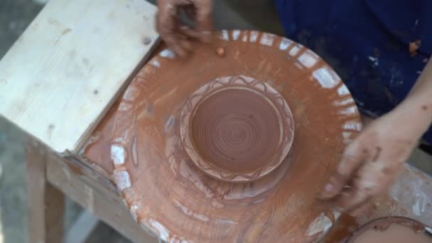 Potter Process Working Potters Wheel Close Hands Prepare Product Removed — Stok Video