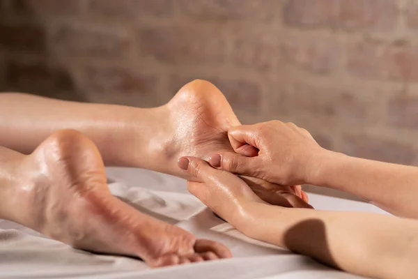Foot Massage Young Woman Having Feet Massage Beauty Salon Close — Stok fotoğraf