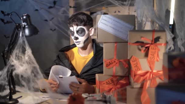 Arab Male Business Owner Halloween Makeup Sitting Home Decorated Office — Video