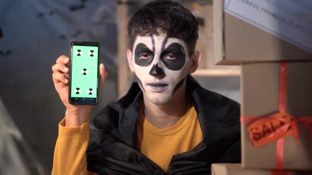 Arab Male Business Owner Halloween Makeup Sitting Home Decorated Office — Stock videók