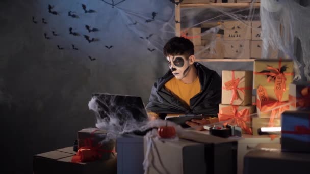 Arab Male Business Owner Halloween Makeup Sitting Home Decorated Office — 비디오