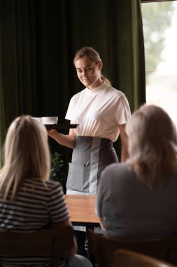 Young female waiter serving coffee while talking to guests in a cafe. Copy space