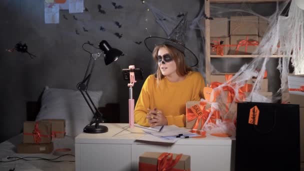 Startup Small Business Entrepreneur Freelance Caucasian Woman Halloween Makeup Take — Video