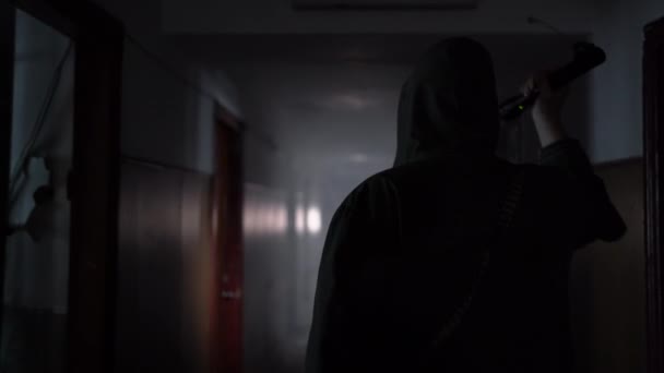 Man Clothes Hood Gas Mask Walking Old Abandoned Corridor Smoke — Vídeo de stock