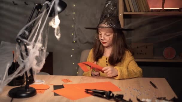 Pretty Girl Witch Costume Sits Night Home Prepares Handicrafts Halloween — Video Stock