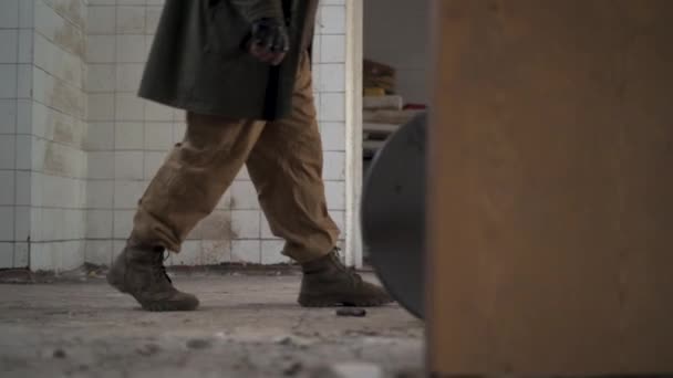 Man Stalker Walking Abandoned Building Debris Floor Dystopian Concept Future — Stock Video