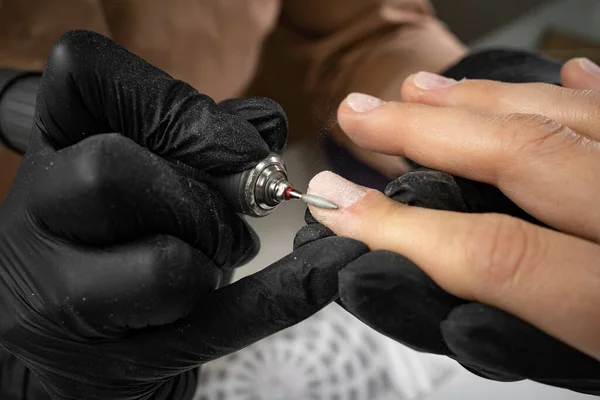 Closeup Manicure Master Hands Black Gloves Applying Electric Nail File — Stock Photo, Image