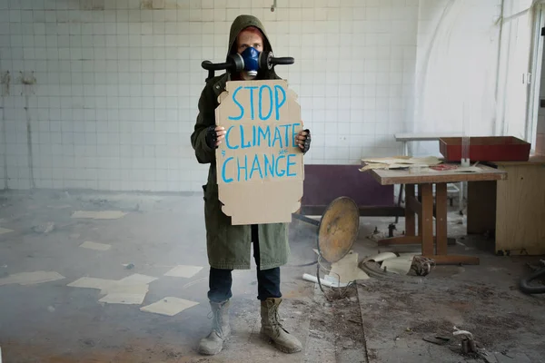 Female Post Apocalyptic Survivor Gas Mask Banner Says Stop Climate — Stock Photo, Image