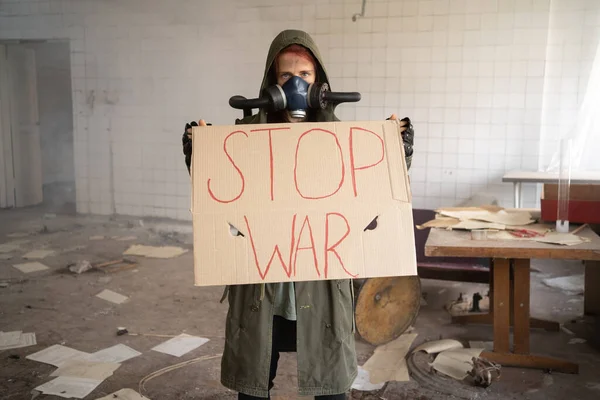 Woman Holding War Placard Sign Protest Manifestation War Girl Ruined — Stock Photo, Image