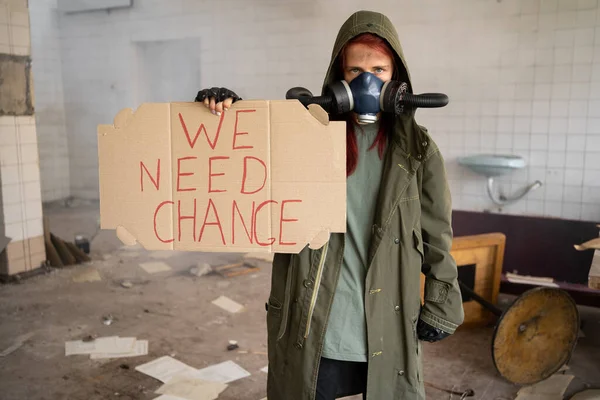 Poster Words Need Change Hands Young Woman Abandoned Building Protest — Stock Photo, Image