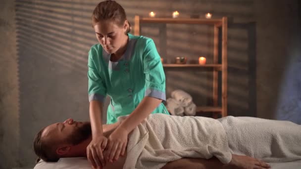 Masseuse Massaging Chest Shoulders Young Calm Man Spa Salon Getting — Stock Video