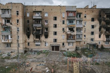 Horenka, Ukraine - Apr,26 2022: the consequences of russian invasion in Kyiv region near Gostomel. Civil buildings were bombed and heavily damaged