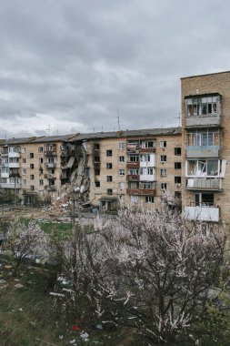 Horenka, Ukraine - Apr, 2022: the consequences of rocket attacks on a warehouse near Hosomel in the village Horenka.