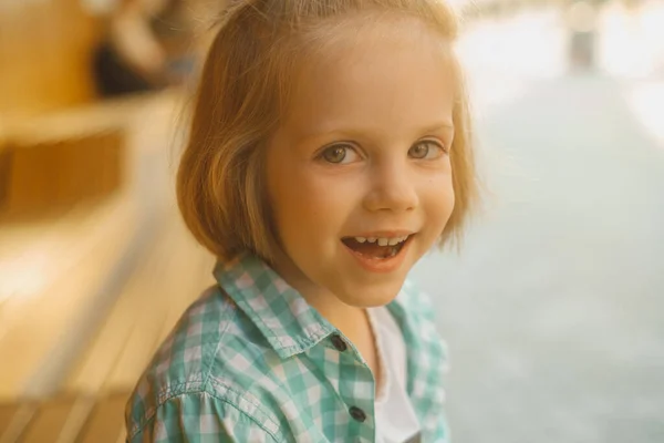 Closeup Portrait Boy Long Blond Hair Wearing Blue Checkered Shirt — Φωτογραφία Αρχείου