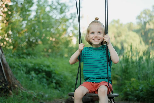 Adorable Little Boy Long Blond Hair Swings Fresh Air Sunny — 图库照片