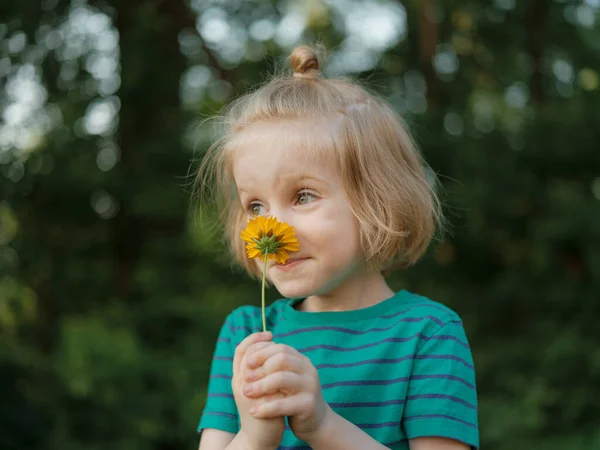 Closeup Portrait Little Boy Long Blond Hair Holding Smelling Flower — 图库照片