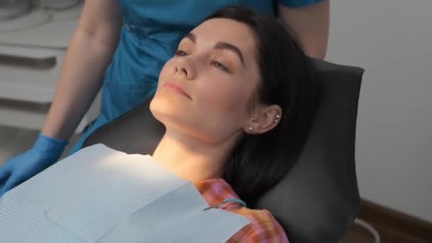 Young Female Patient Dental Chair Waiting Procedure Begin — Αρχείο Βίντεο