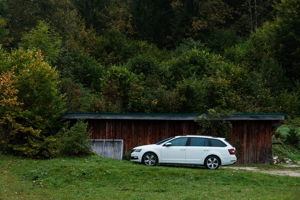 White Car Parked Wooden Barn Green Forest — стоковое фото