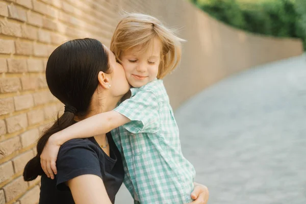 Closeup Portrait Beautiful Young Mother Kiss Her Cute Little Boy — Stock Photo, Image