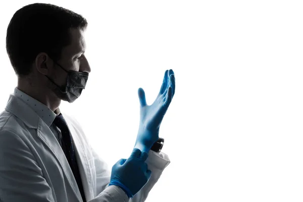 Profile Caucasian Doctor Wearing Latex Gloves Mask White Coat Isolated 스톡 이미지