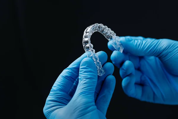 Invisible Orthodontics Cosmetic Aligners Hands Doctor Wearing Sterile Gloves Isolated — Foto de Stock