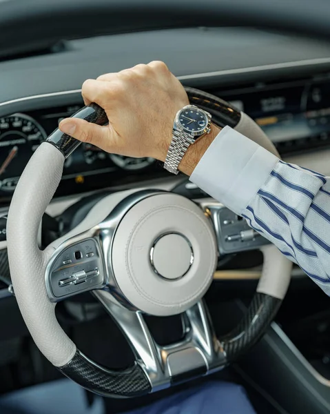 Close View Male Hand Holding Steering Wheel Luxury Car Man — Stock Photo, Image