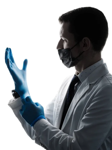 Profile Caucasian Doctor Wearing Latex Gloves Mask White Coat Isolated 스톡 사진
