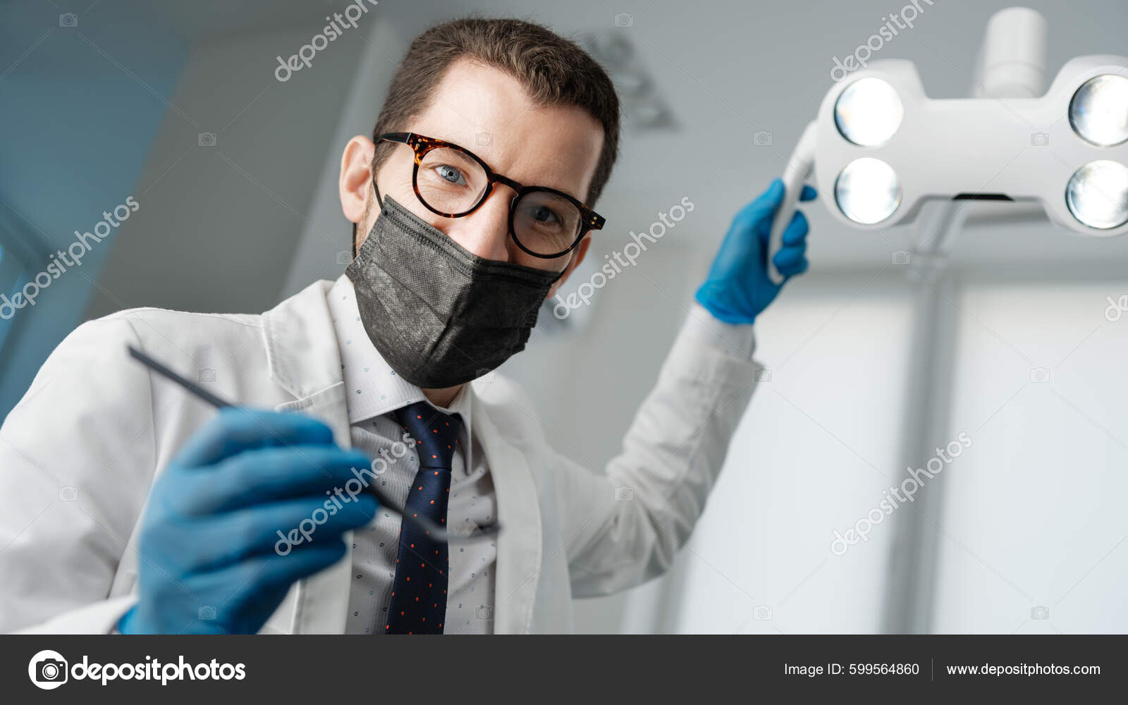 Inspection Dentist Point View Patient Doctor Adjusting Operatory Lights Holding Stock Photo by